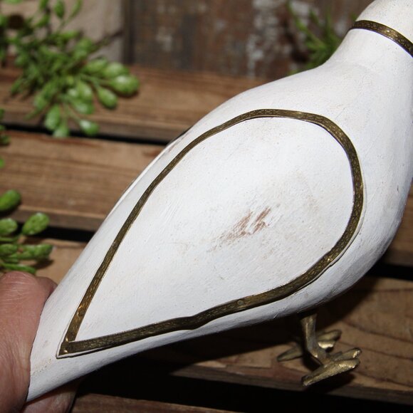 White Shabby VTG Wood & Brass Decorative Bird Decor Object - Picture 8 of 8